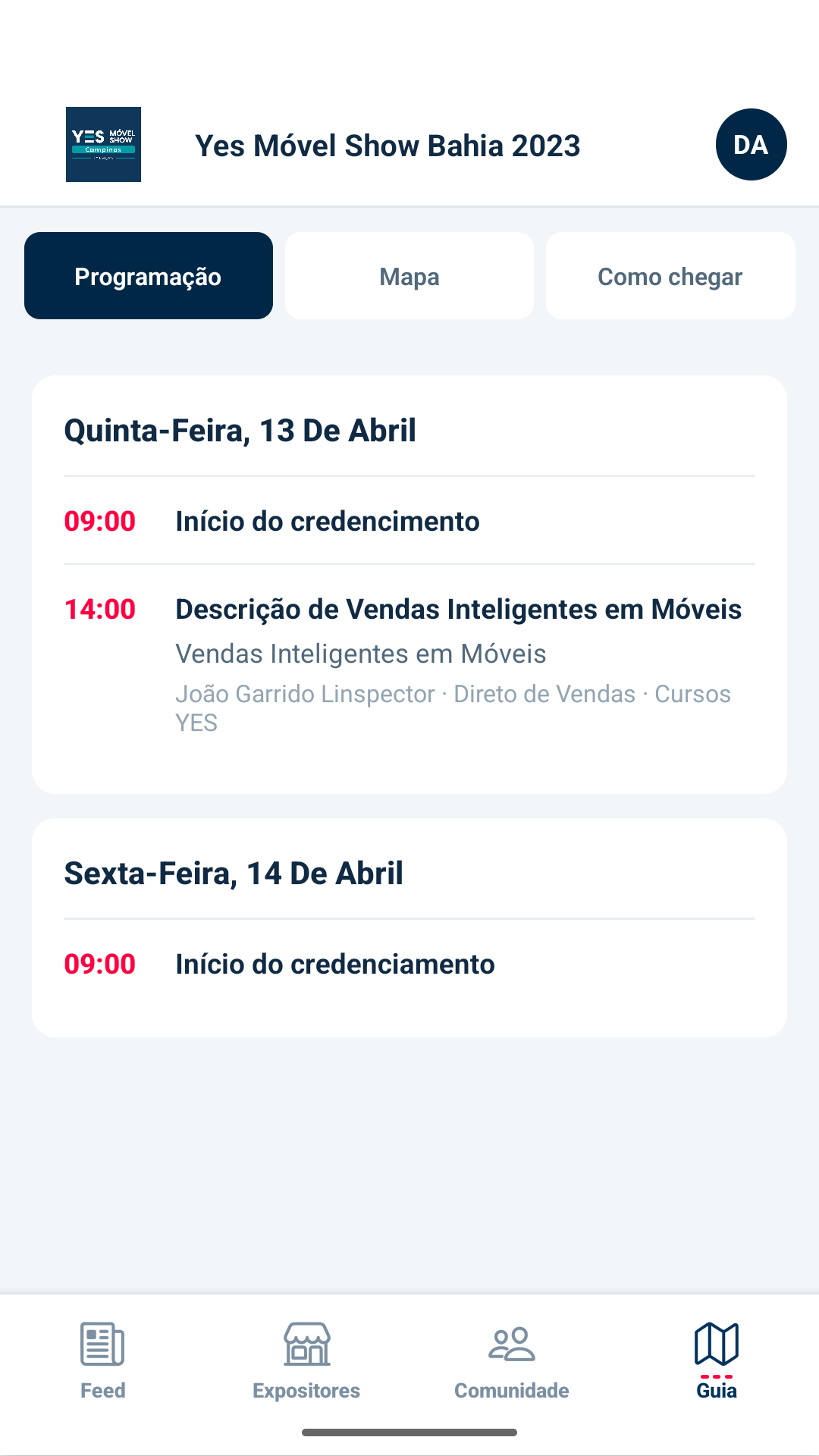 Tela de programação do evento no aplicativo